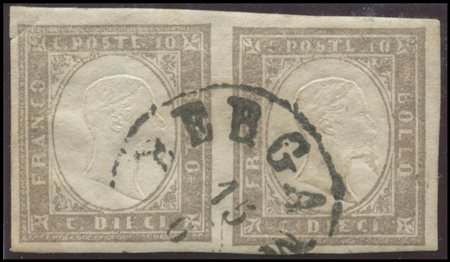 Sardinia, 1861, 10c. N.14Cd paired, used. (A/B Leftmost stamp is flawed in...