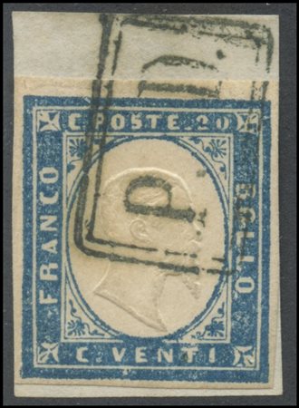 Sardinia, 1861, 20c. Greyish Cobalt N.15Dd on small fragment, cancelled with...