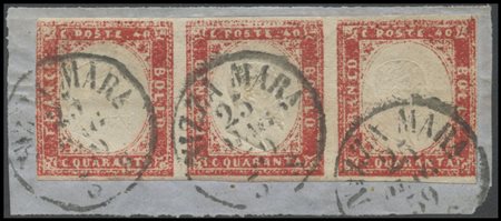 Sardinia, 1859, 40c.N.16A (Rattone N.33c) Scarlet Blood Red in strips of...