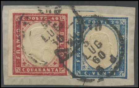 Sardinia, 05.07.1860. 40c. Dark Pink N.16Cd + 20c. Greyish cobalt N.15Cb on...