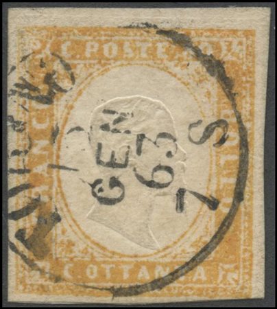 Sardinia, 13.01.1863, 80c. N.17b Ochre Pale Orange, used very late in Turin....