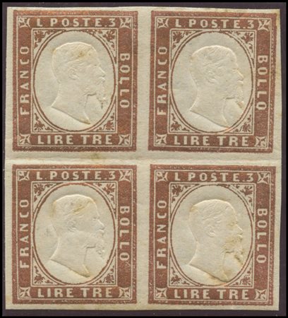 Sardinia, 1861, 3L. N.18 Copper. The two upper stamps are hinged, the lower...