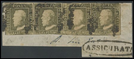 Sicily, 1859, 1gr. Greyish olive Napoli paper N.4e in stripes of four...