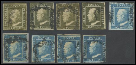 Sicily, 1859, 1 e 2gr. Lot of 9 high quality, used stamps. (A+/Lux)