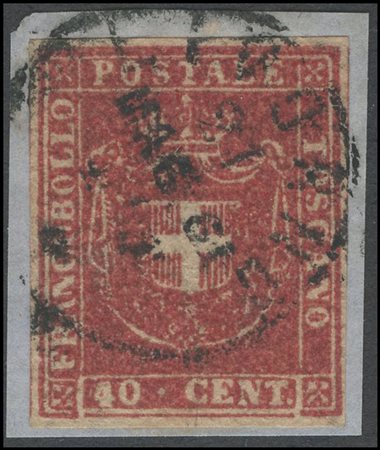 Tuscany, 1860, 40c. Carmine N.21 on fragment. Noteworthy crease of the...