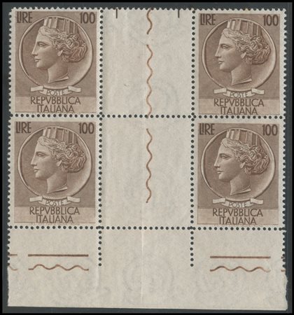 Republic, 1954, 100L. and 200L. ''Italia turrita'' N.747/748 in gorgeous...