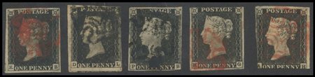 Great Britain, 1840, "Penny Black", 5 stamps of mixed quality.