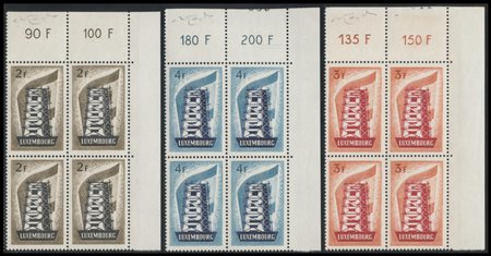 Luxembourg, 1956, N.514/516. Splendid new blocks of four from sheet corners....