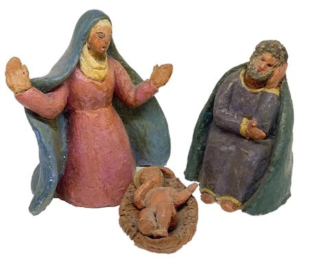 Piccolo presepe Naif composto da Madonna, San Giuseppe e Bambino Gesù, inizi 20° Secolo