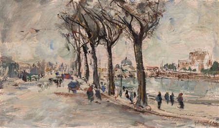 Guido Casciaro (Napoli 1900-1963)  - Roma, il Lungotevere con la cupola di San Pietro e Castel Sant’Angelo