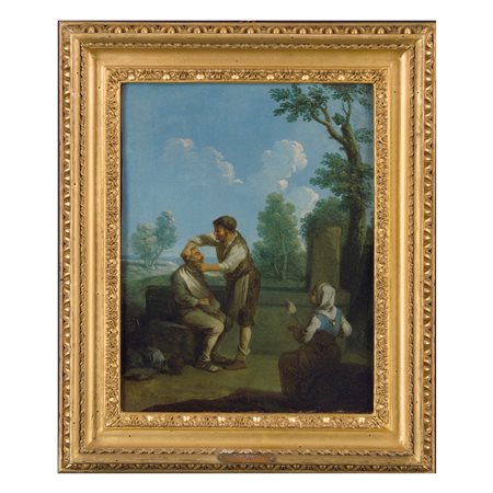 Paolo Monaldi (Roma 1710 – dopo il 1779), Scena popolare con barbiere e filatrice, 1768