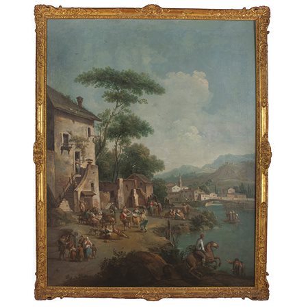 Paolo Monaldi (Roma, 1720 ca – Roma, 1780) Paesaggio fluviale con scena popolare