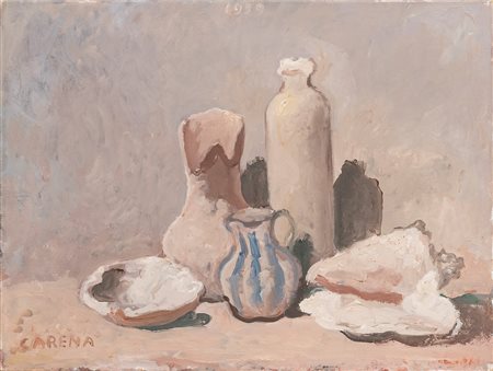 FELICE CARENA, Natura morta con conchiglie e bottiglia, 1959