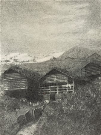 Domenico Riccardo Peretti Griva (1882-1962)  - Baite a Gressoney (nello sfondo il M. Rosa), 1930s