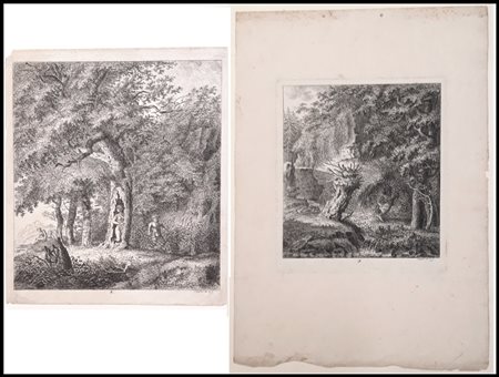 Salomon Gessner (1730 - 1788): COPPIA DI STAMPE: "PAESAGGIO CON NINFA E SATIRO" E "PAESAGGIO CON FIGURE IN CONVERSAZIONE", 1764