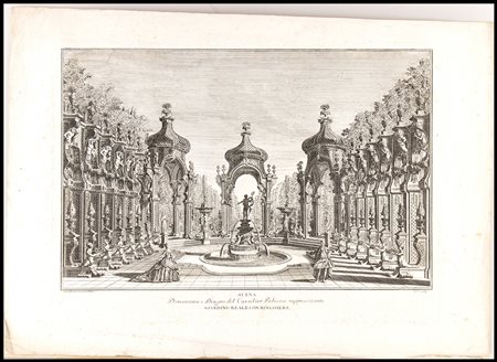 Orio Ambrogio (1737- 1825) da Giuseppe Galli da Bibiena (1696 – 1757)
: SCENA D'INVENZIONE E DISEGNO DEL CAVALIER BIBIENA RAPPRESENTANTE GIARDINO REALE CON RINGHIERE 