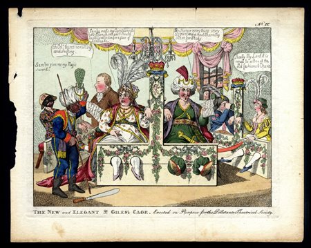 James Gillray (1756-1815): THE NEW AND ELEGANT ST GILES’S CAGE. ERECTED ON PURPOSE FOR THE DILLITANTI THEATRICAL SOCIETY.