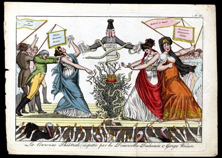 James Gillray (1756-1815): LA COURONNE THÉATRALE DISPUTÉE PAR LES DEMOISELLES DUCHESNOIS & GEORGES WEIMER