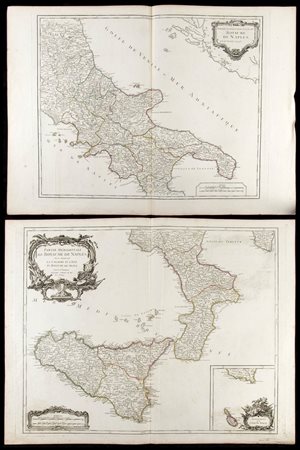 Gilles Robert de Vaugondy (1688-1766): PARTIE SEPTENTRIONALE DU ROYAUME DE NAPLES / PARTIE MERIDIONALE DU ROYAUME DE NAPLES OÙ SE TROUVENT LA CALABRE ET L'ISLE ET ROYAUME DE SICILE