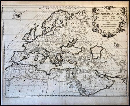 Incisore del XVIII secolo da Augustin Calmet (1672-1757): CARTE GEOGRAPHIQUE DU MONDE ANCIEN SUIVANT LE PARTAGE DES ENFANTS DE NOE, APRÉS LEURS DISPERSION ARRIVÉE À BABEL