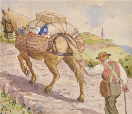 Albert Stolz (Bozen/Bolzano 1875 - 1947) Uomo della Val Sarentino con cavallo...