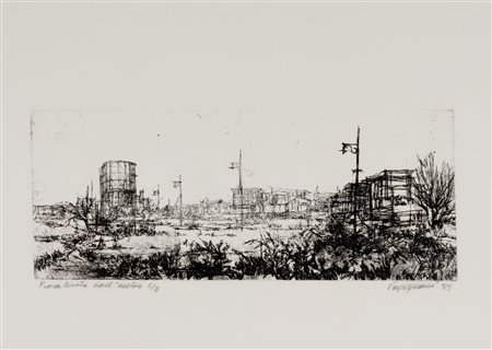 Renzo Vespignani (Roma  1924-2001)  - Periferia con gasometro, 1955