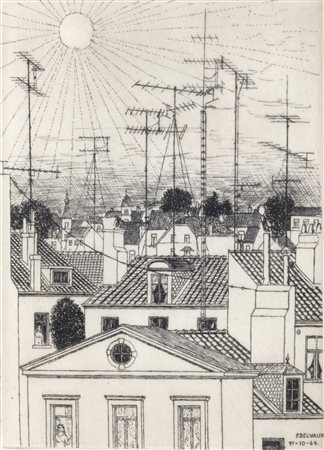 Paul Delvaux (Antheit 1897-Furnes 1994)  - Les toits de Bruxelless, 1964