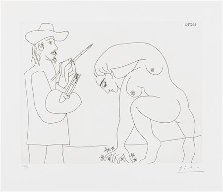 Pablo Picasso (Malaga 1881-Mougins 1973)  - Pittore e Ninfa, 1970