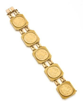 Bracciale modulare in oro giallo cesellato con incastonate cinque sterline di v