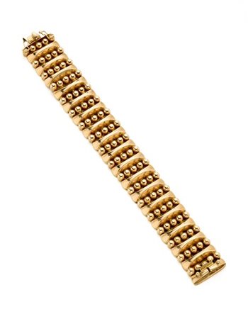 Bracciale modulare a fascia in oro giallo, g 48,96 circa, lungh. cm 19, h cm 2,