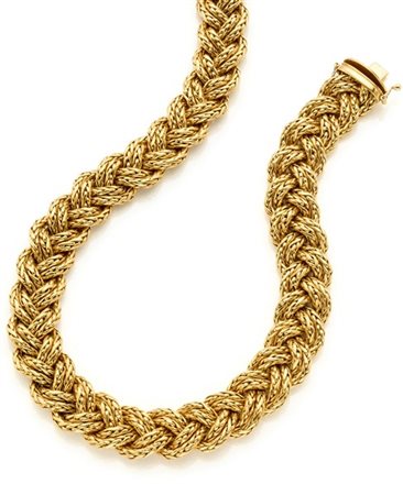 Collier in oro giallo a maglia intrecciata, g 132,10 circa, lungh. cm 43 circa.