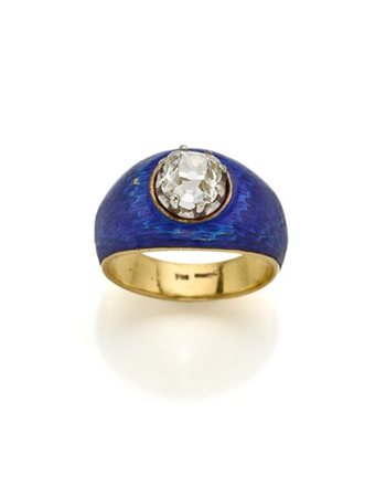 Anello in oro giallo e smalto blu con diamante a vecchio cuscino di ct. 1,15 ci