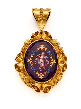 Pendente porta foto in oro giallo con vetro artificiale viola con fiori e putto