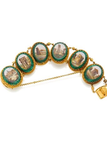 Bracciale in oro giallo con micromosaici su malachite, g 43,82 circa, lungh. cm