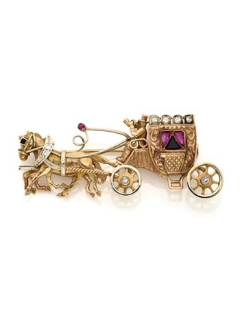 Broche a guisa di carrozza in oro rosso e bianco 585/1000 rifinita con diamanti