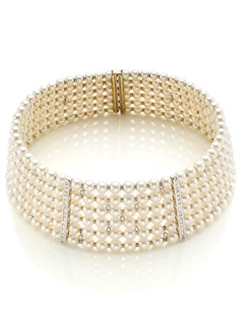 Choker a sei fili di perle con distanziatori in oro bianco e diamanti per compl