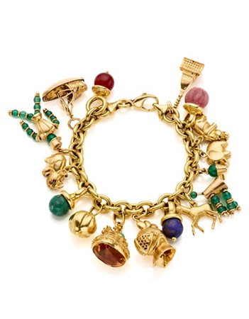 Bracciale in oro giallo 750/1000 con charms rifiniti con gemme varie, un charm