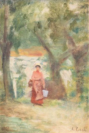 ANGELO TORCHI (Massa Lombarda 1856 - 1915) "Figura nel parco". Olio su...