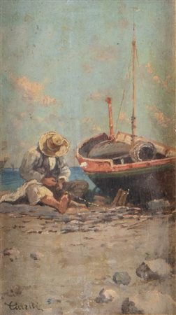 GIUSEPPE CARELLI, attr. "Pescatore con barca". Olio su tavola. Cm 22,3x13,3....