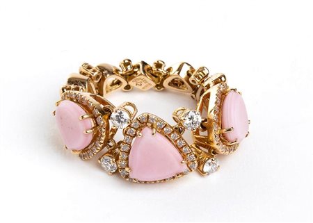 Anello a maglie in oro diamanti e madreperla rosa  - firmato CHANTECLER CAPRI 