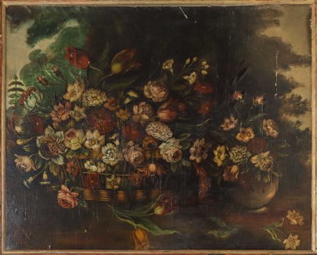 Composizione di fiori in cesto e in vaso, Painter of the nineteenth century.