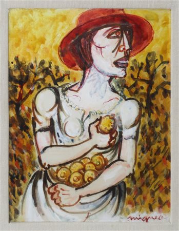 Giuseppe Migneco (Messina  1903-Milano  1997)  - Donna con capello rosso e in mano un limone