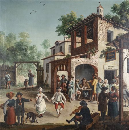 GIOVANNI MARIA GENTA<BR>Attivo a Torino tra il 1774-1775<BR>"Al Gambero Bon Vin - Scena di vita davanti all'osteria" 1782