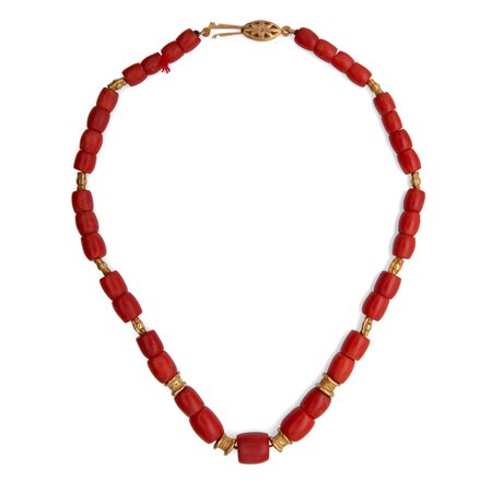  
Collana antica corallo a barilotti e oro 
 Lunghezza cm 39