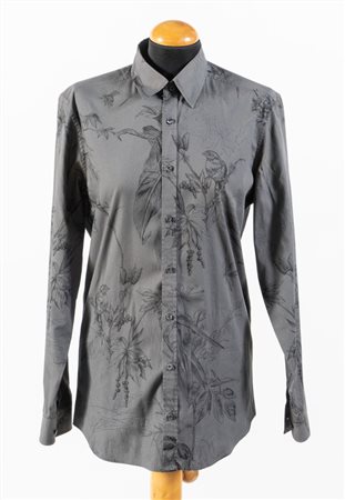 GUCCI Camicia in cotone a fantasia con uccelli sui toni del grigio. Riporta...