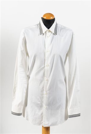 HERMÈS Camicia in cotone bianco con rifiniture in lana grigia. Riporta taglia...