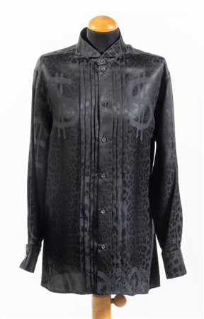 VERSACE Camicia in seta nera con fantasia animalier con dollari monocromo....