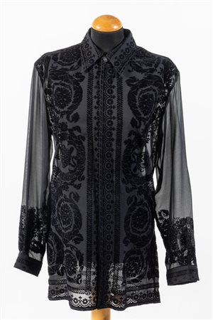 GIANNI VERSACE Camicia in seta trasparente nera con dettagli barocchi in...