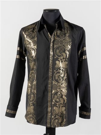 GIANNI VERSACE Camicia in cotone nero con inserti di greche e aquile in lurex...