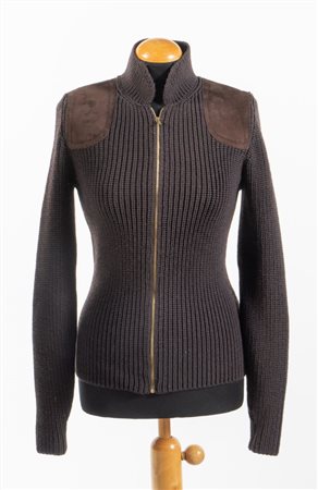 GUCCI Cardigan in lana e cashmere marrone con rifiniture in camoscio e...